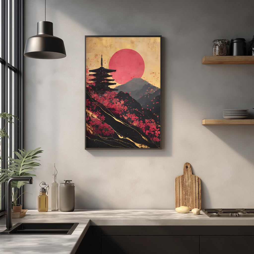 a kitchen counter with a framed artwork depicting a serene landscape with a pagoda and mountains, as well as a wooden cutting board and other kitchen items.