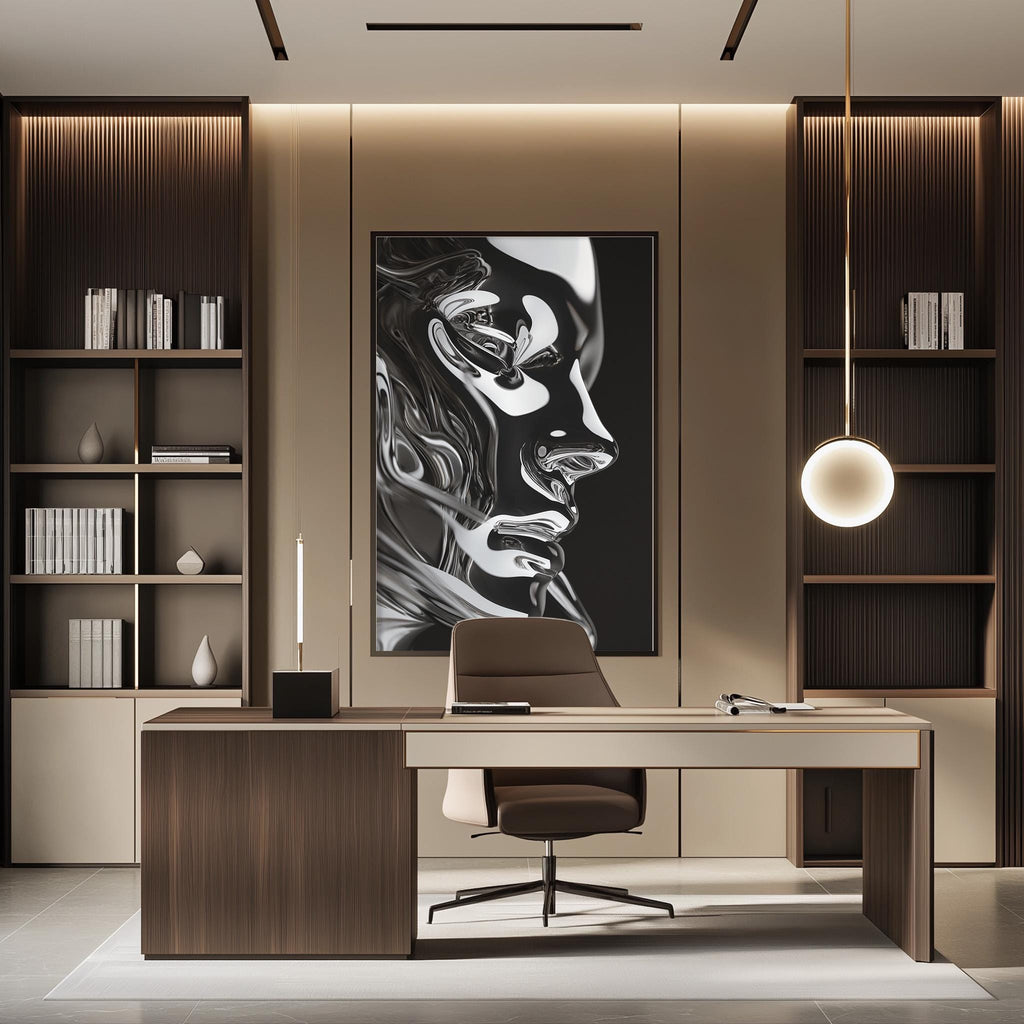 a modern and stylish office space with a large black and white portrait of a woman on the wall, a wooden desk with a chair, and built-in bookshelves.
