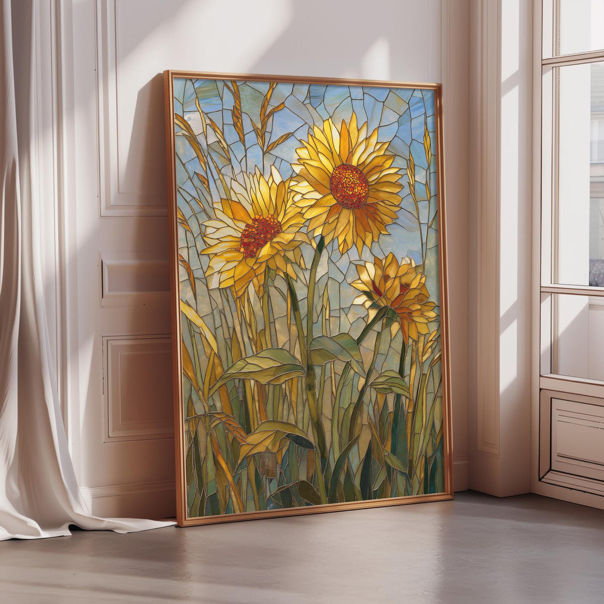 a large framed painting of vibrant yellow sunflowers set against a backdrop of green grass and blue sky.