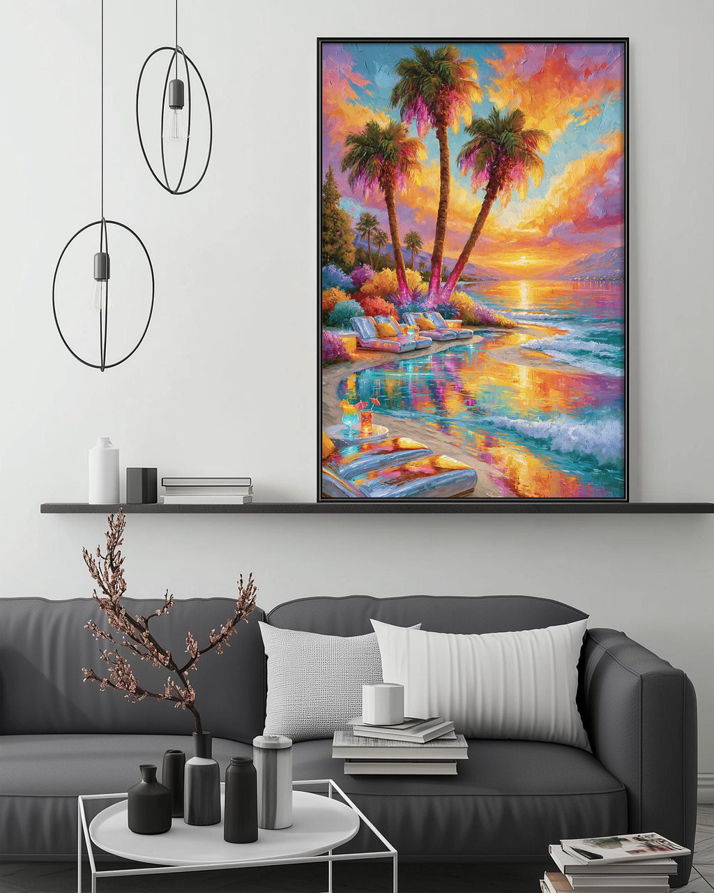 a large, colorful painting of a tropical beach scene hanging on a wall above a gray couch in a living room setting.