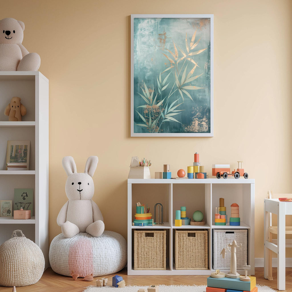A cozy and colorful children's bedroom with a large stuffed rabbit, a bookshelf, and a toy storage unit filled with toys and books.