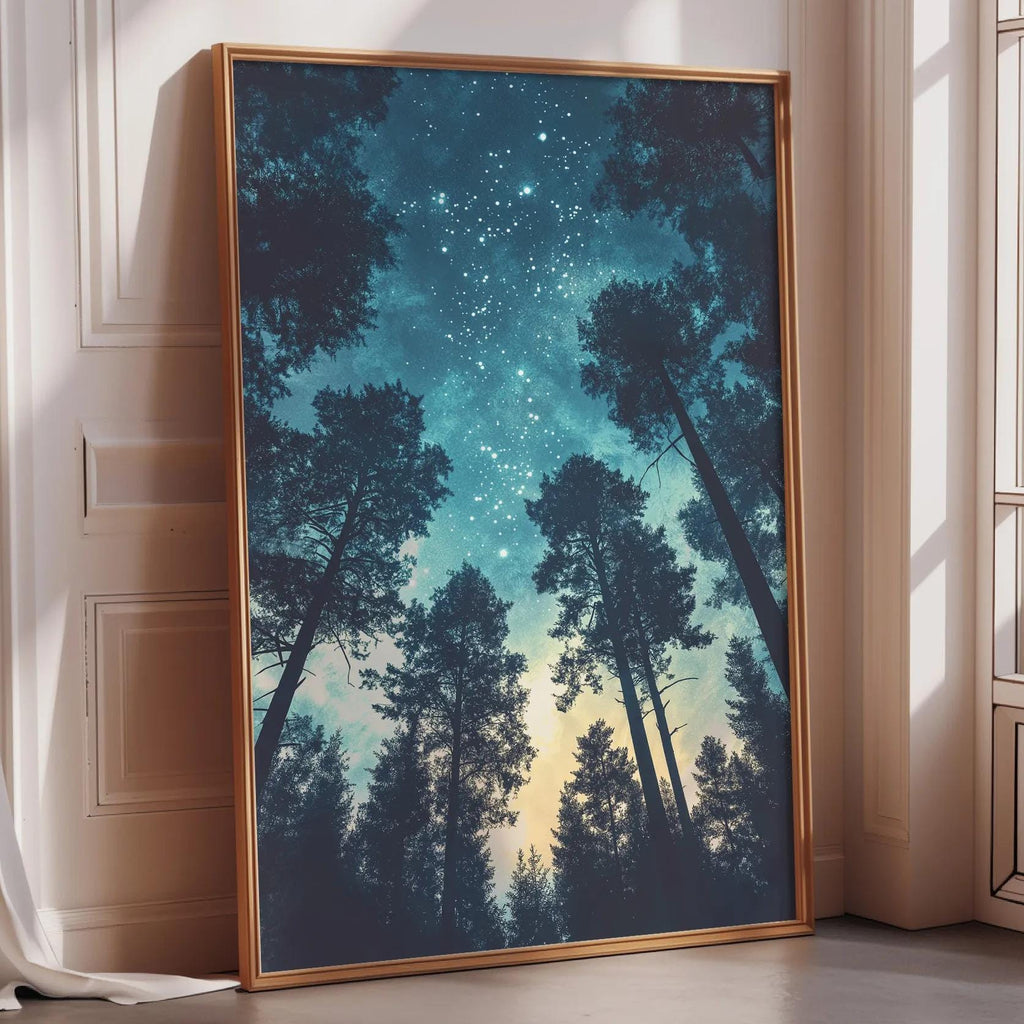 a large framed picture of a forest scene with trees silhouetted against a starry night sky.