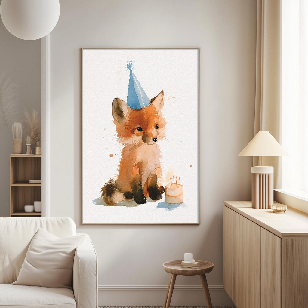 a cozy living room with a white couch, a wooden side table, and a framed painting of a fox wearing a birthday hat.