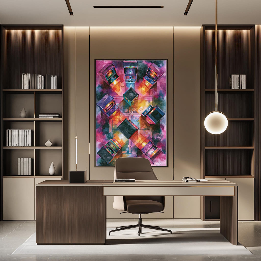 a modern and stylish office space with a large abstract painting on the wall, a wooden desk with a chair, and built-in bookshelves.