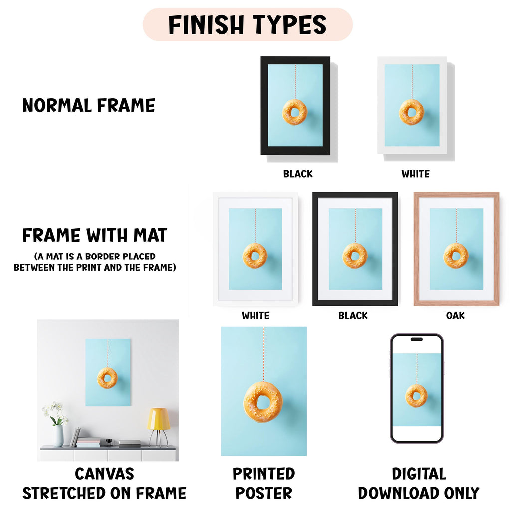 various finish types for a framed artwork featuring a doughnut. It includes a normal frame, a frame with a mat, a white frame, a black frame, an oak frame, a canvas stretched on a frame, a printed poster, and a digital download only.