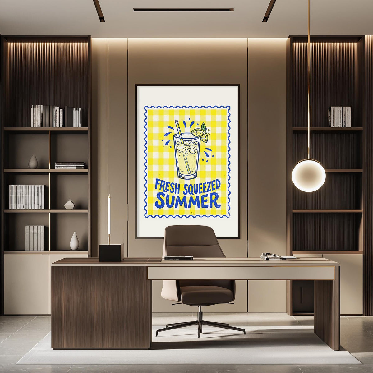a modern office space with a large framed poster on the wall that reads "FRESH SOUPEEZED SUMMER". The office has a wooden desk and chair, and there are bookshelves on either side of the desk.