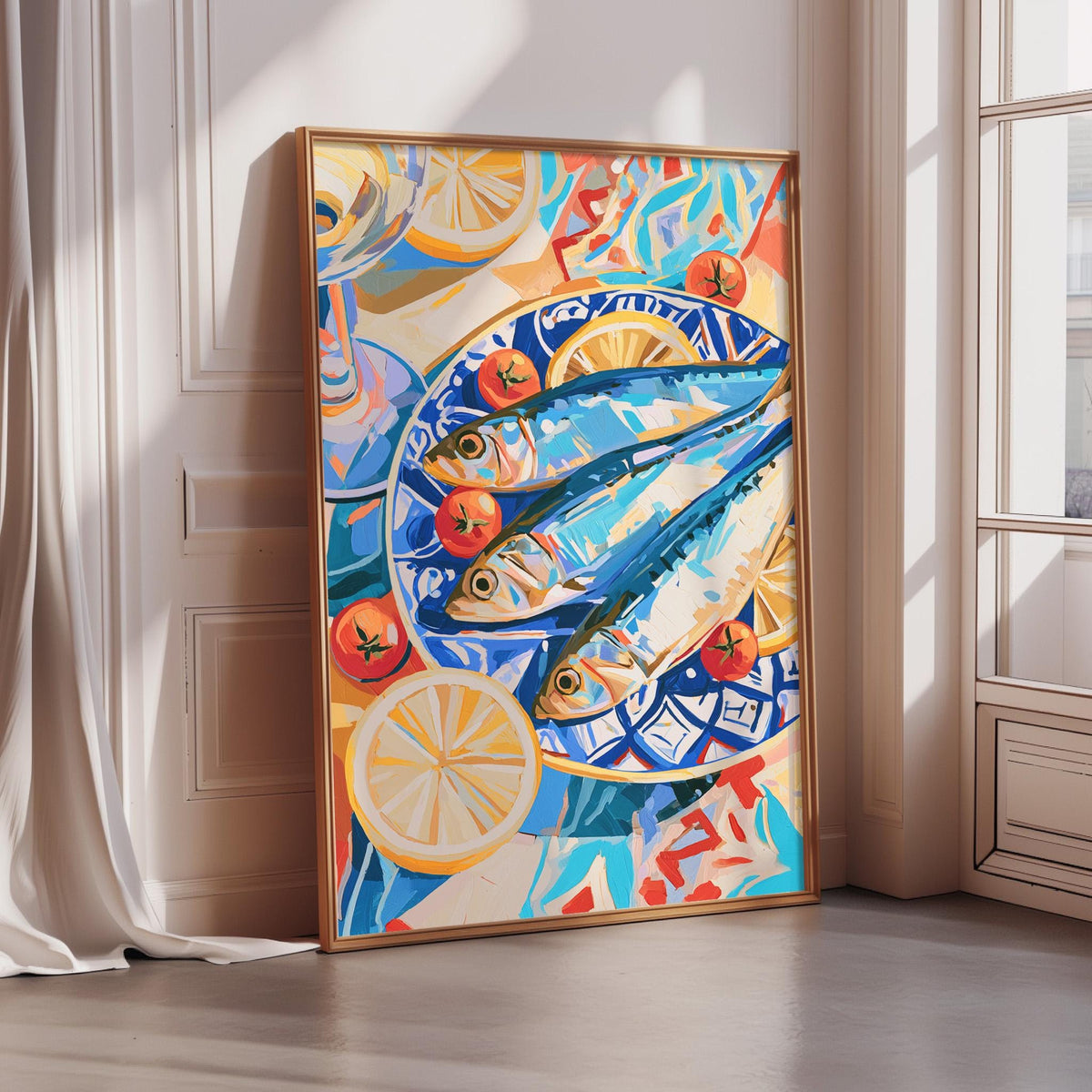 a vibrant and colorful painting of fish and fruit, including oranges and lemons, set against a white background.