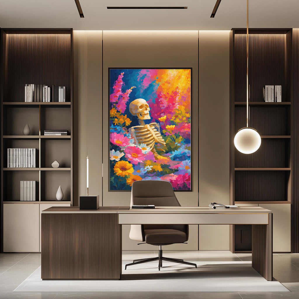 a modern office space with a large, colorful painting of a skeleton surrounded by flowers and plants hanging on the wall above a wooden desk.