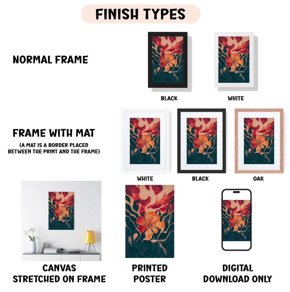 various types of artwork, including a canvas stretched on a frame, a framed print, and a digital poster. The artwork is presented in different frame colors and styles, such as normal frame, black, white, and oak. The image also includes a smartphone and a lamp, suggesting that the artwork may be displayed in a living space or a gallery setting.