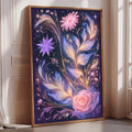 a large, ornate, and colorful painting of flowers and plants, displayed on a wall in a room with a window.