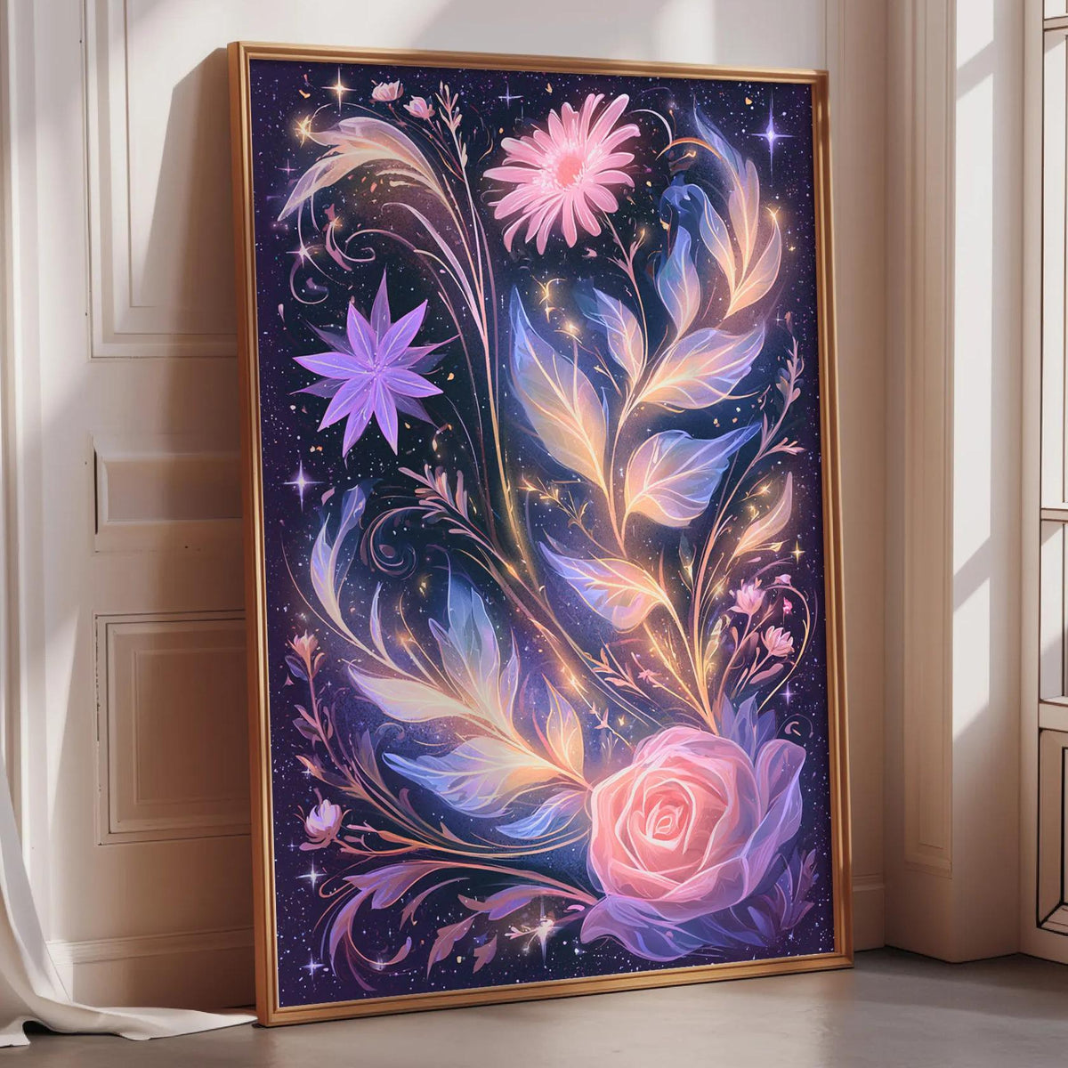 a large, ornate, and colorful painting of flowers and plants, displayed on a wall in a room with a window.