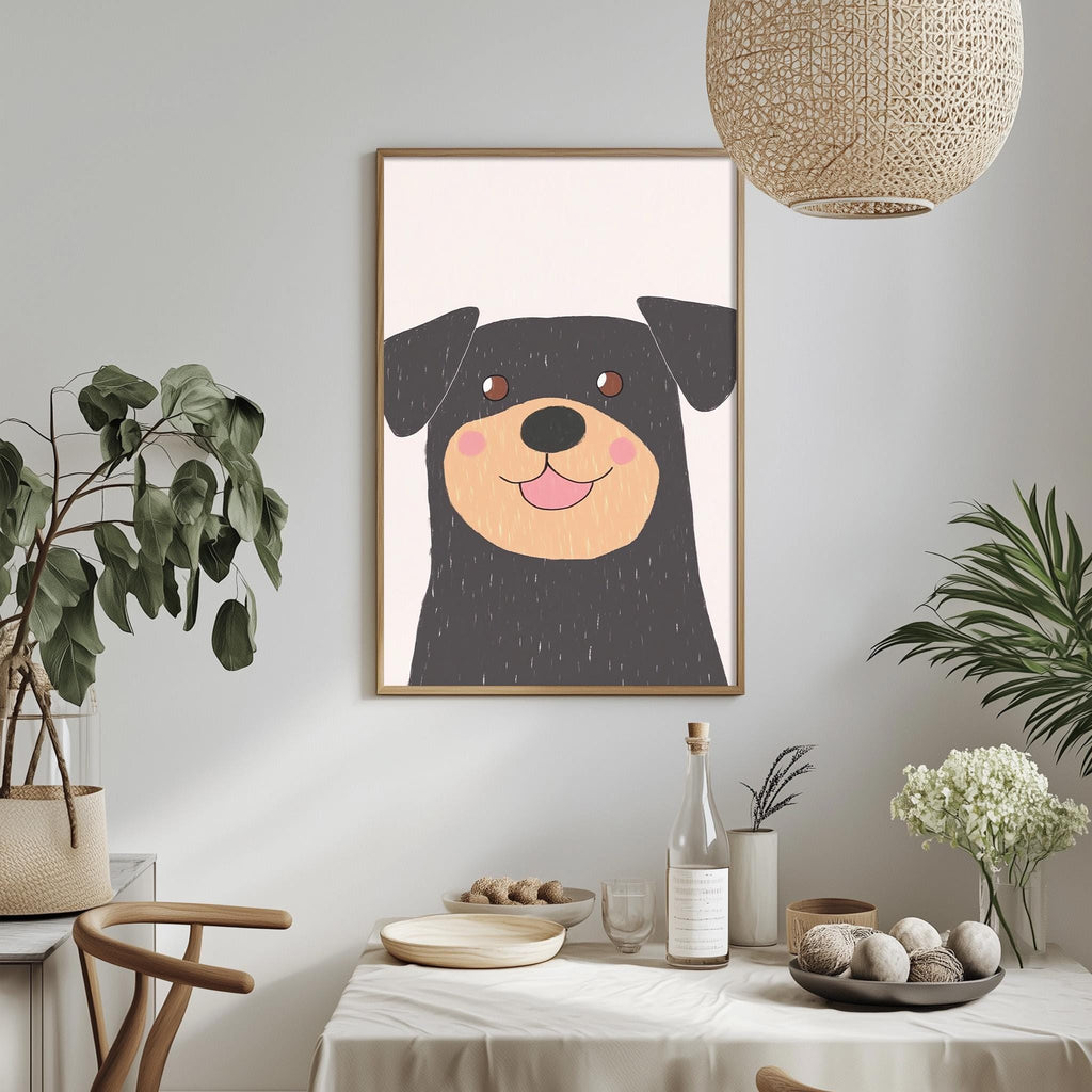 a framed picture of a dog with a happy expression, hanging on a wall above a dining table with various decorative items and plants.