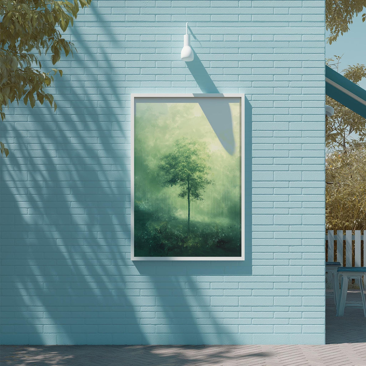 a blue brick wall with a framed painting of a tree in the center.