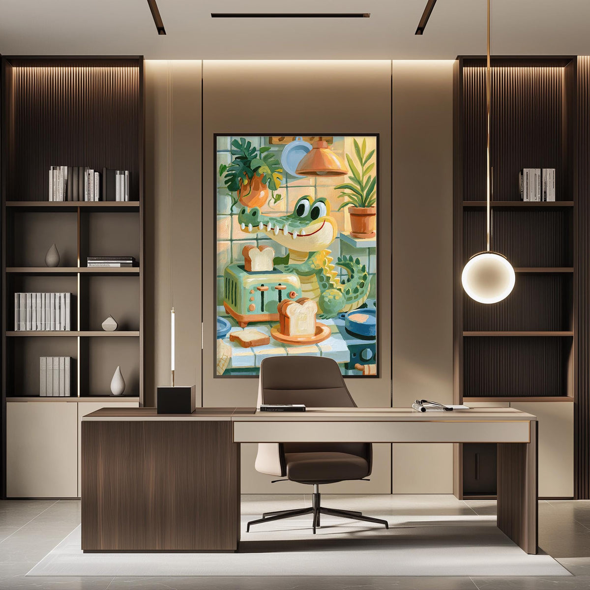 a modern office space with a large, colorful painting of a cartoon character on the wall. The office features a desk with a chair, a bookshelf, and a potted plant, creating a comfortable and visually appealing workspace.
