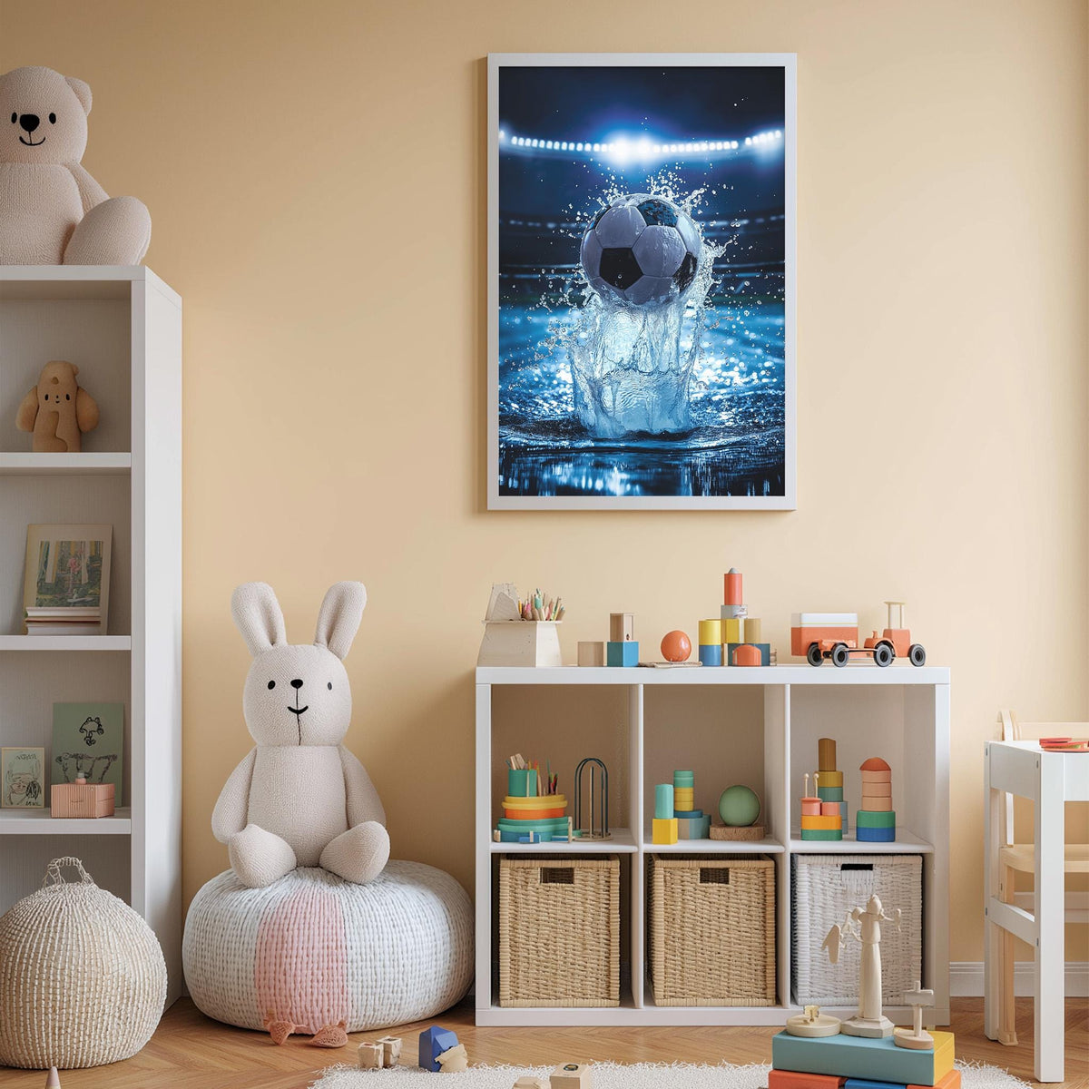 a child's bedroom with a white bookshelf, a stuffed rabbit, a colorful toy set, and a framed picture of a soccer ball splashing in water.