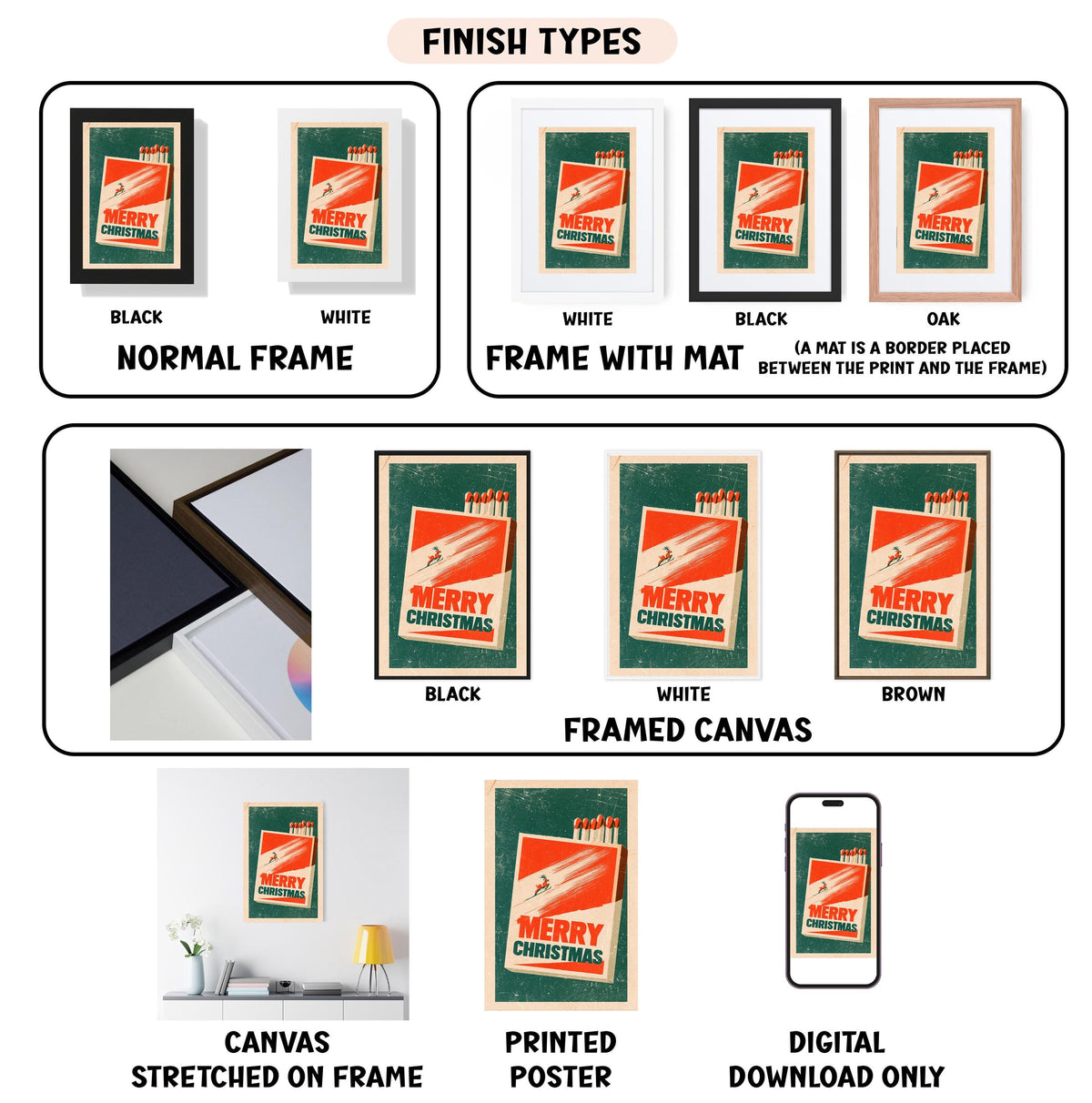 various finish types for a framed Christmas-themed artwork, including black, white, black, oak, white, framed canvas, and digital download only.