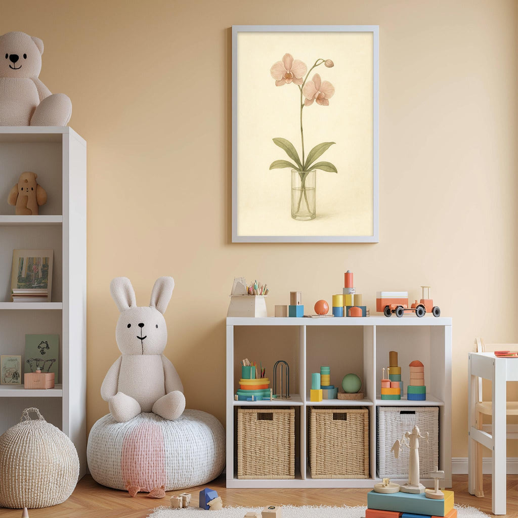 A cozy and well-organized children's playroom with a white bookshelf, a plush rabbit, a toy train, and a framed picture of an orchid plant on the wall.
