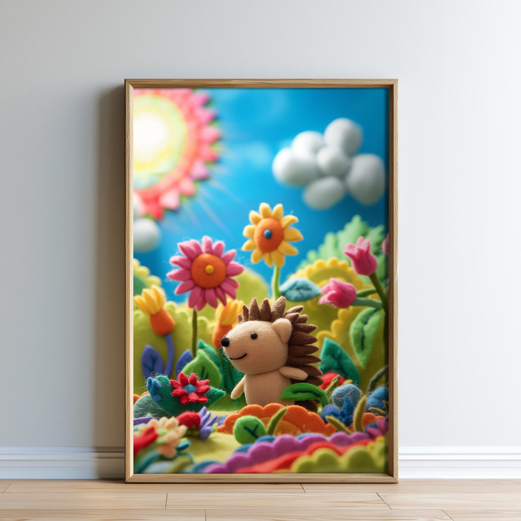 A framed illustration depicting a hedgehog surrounded by a vibrant, colorful garden scene with flowers, plants, and a bright blue sky with fluffy clouds.