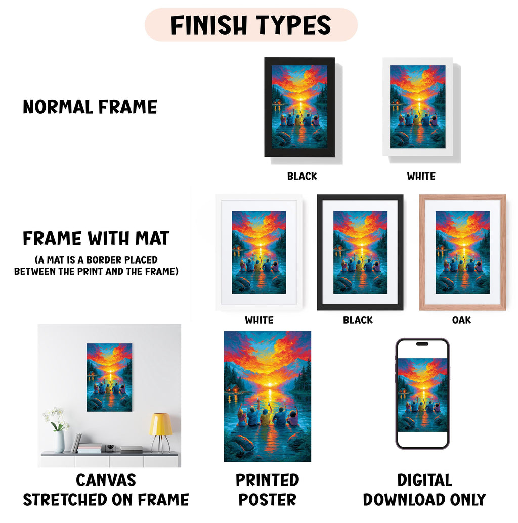 various types of artwork, including a normal frame, a frame with a mat, a white frame, a black frame, an oak frame, a white canvas stretched on a frame, a printed poster, and a digital download only.