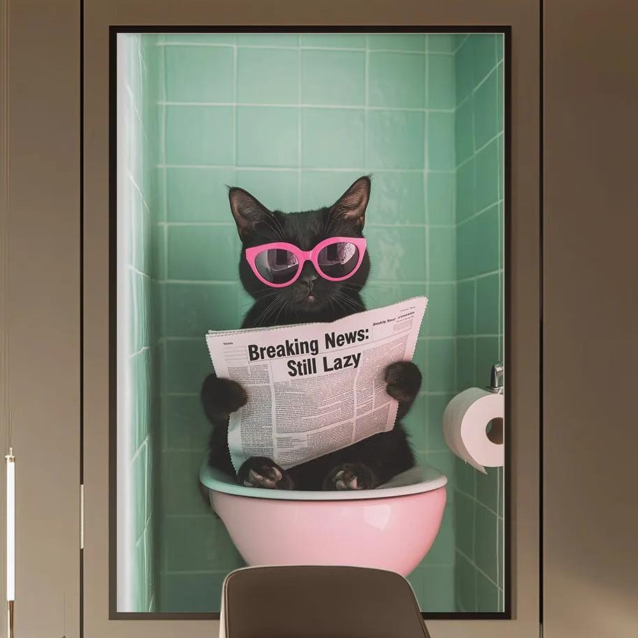a modern office space with a large framed poster of a cat sitting in a pink toilet, reading a newspaper. The poster is mounted on the wall above a desk with a chair.