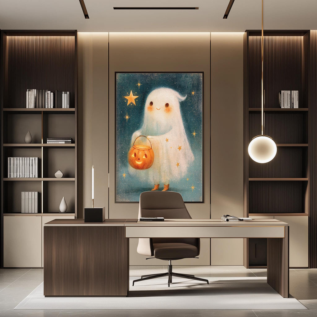 a modern office space with a desk, chair, and bookshelves. A large framed artwork of a ghost holding a pumpkin is hanging on the wall above the desk.