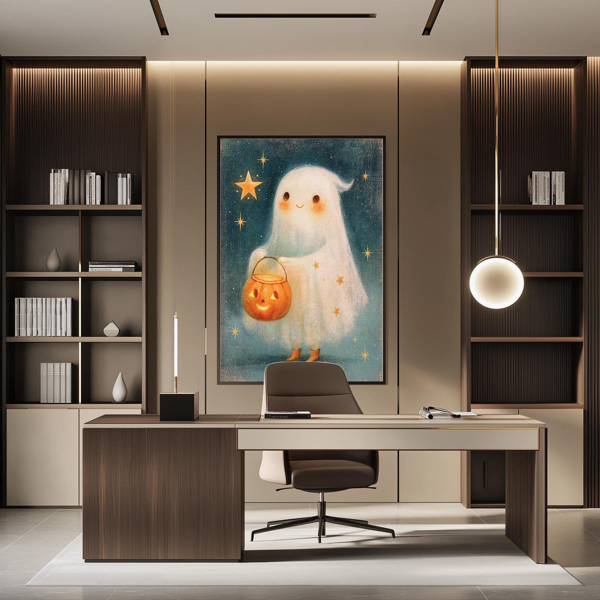 a modern office space with a desk, chair, and bookshelves. A large framed artwork of a ghost holding a pumpkin is hanging on the wall above the desk.