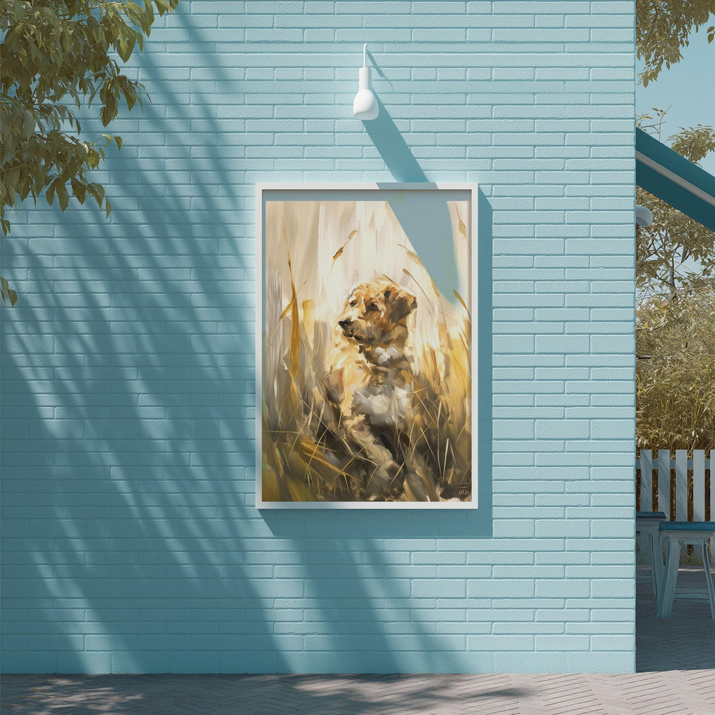 a large painting of a dog sitting in a field of tall grass, hanging on a blue brick wall.