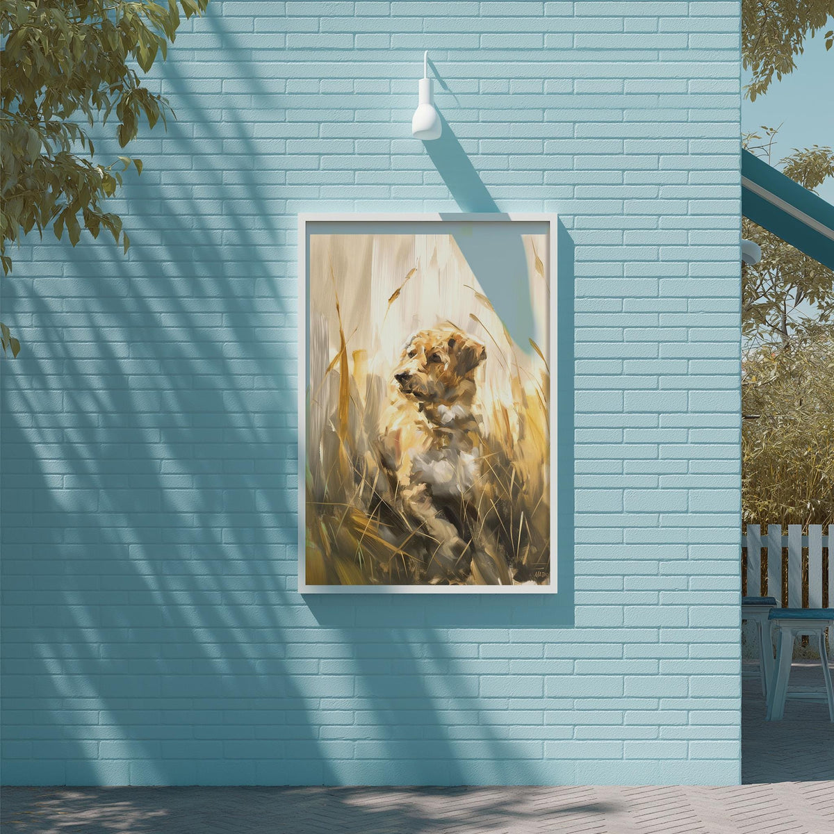 a large painting of a dog sitting in a field of tall grass, hanging on a blue brick wall.