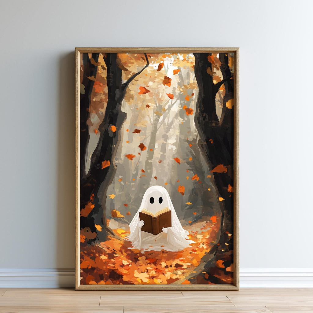 A framed illustration depicting a ghost reading a book in a forest with falling autumn leaves.