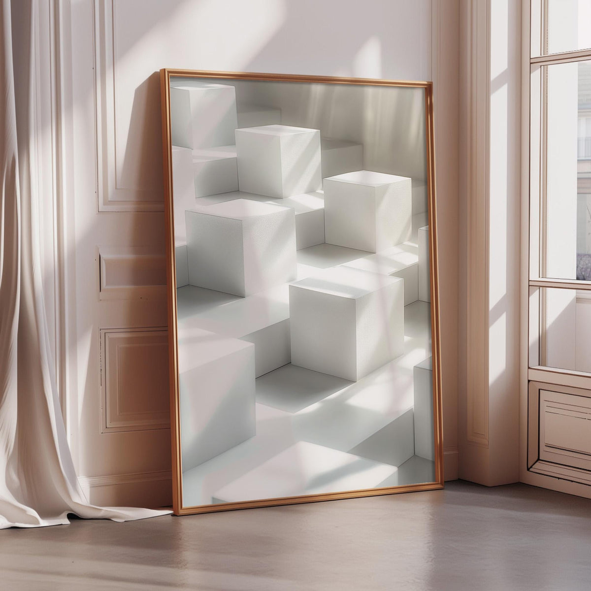 a large, framed picture of white cubes arranged in a geometric pattern, creating an abstract and visually striking composition.