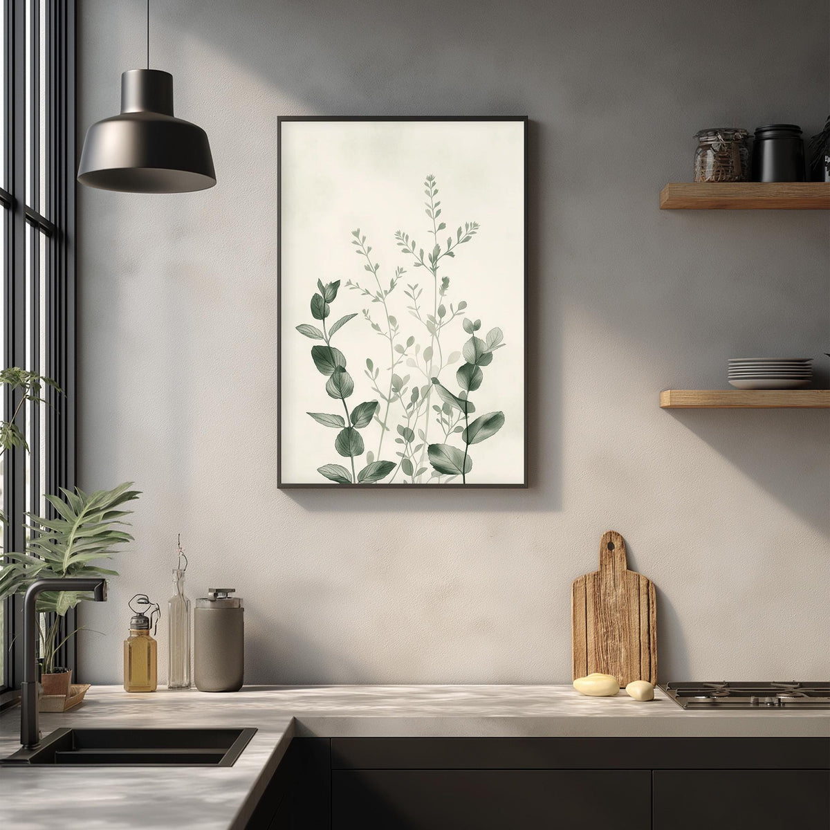 a kitchen counter with a framed print of green leaves hanging above it, a wooden cutting board, and various kitchen items such as a bottle, a cup, and a bowl.