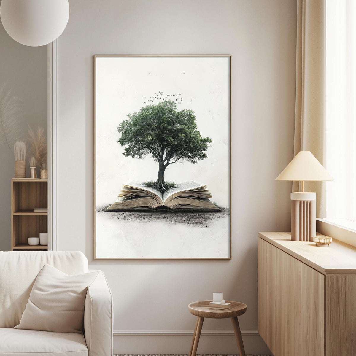 a large framed picture of a tree growing out of an open book, which is hanging on a wall in a living room.