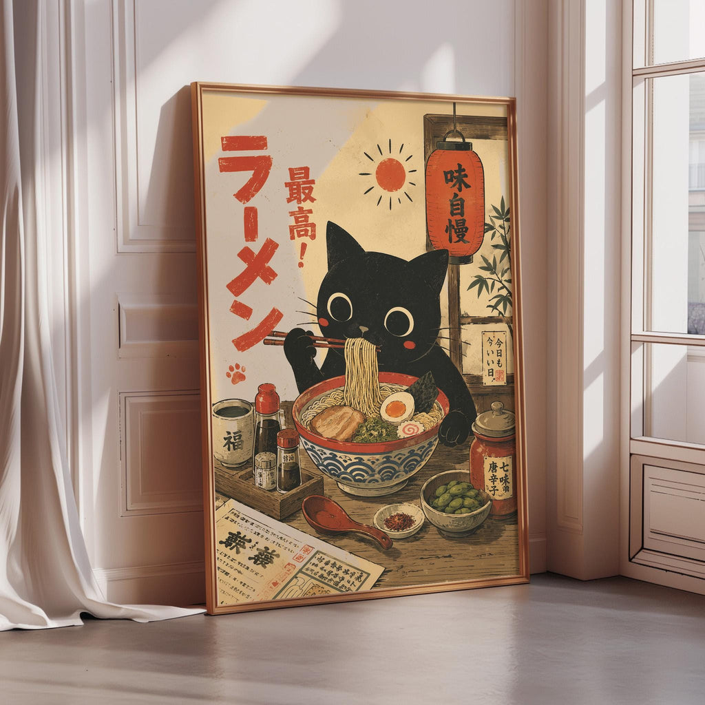 A framed illustration depicting a black cat sitting in a bowl of noodles, surrounded by various food items and a red lantern.