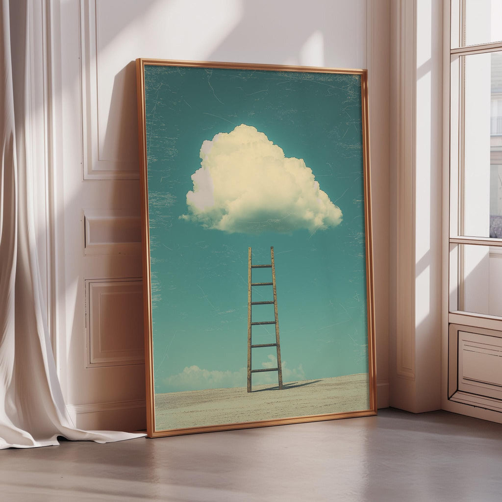 a large framed picture of a ladder leading up to a cloud in the sky.