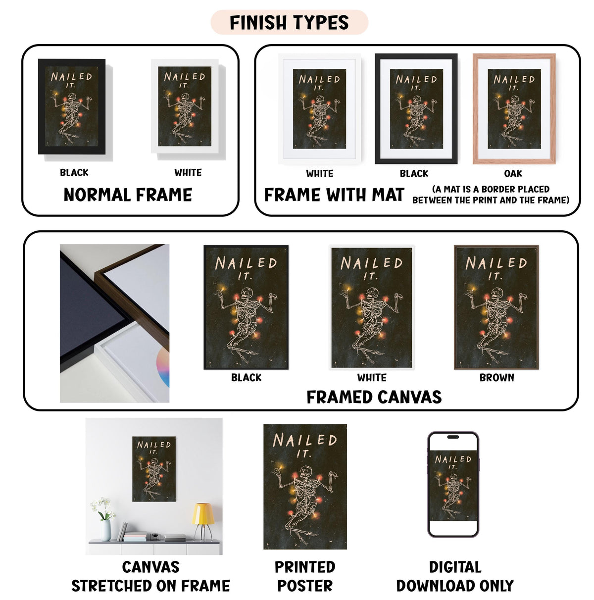 various finish types for a nail art poster, including a normal frame, a frame with a mat, a framed canvas, a stretched canvas, a printed poster, and a digital download.