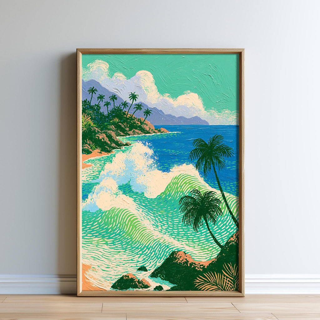 The image is a framed painting depicting a tropical beach scene with palm trees, crashing waves, and a clear blue sky.