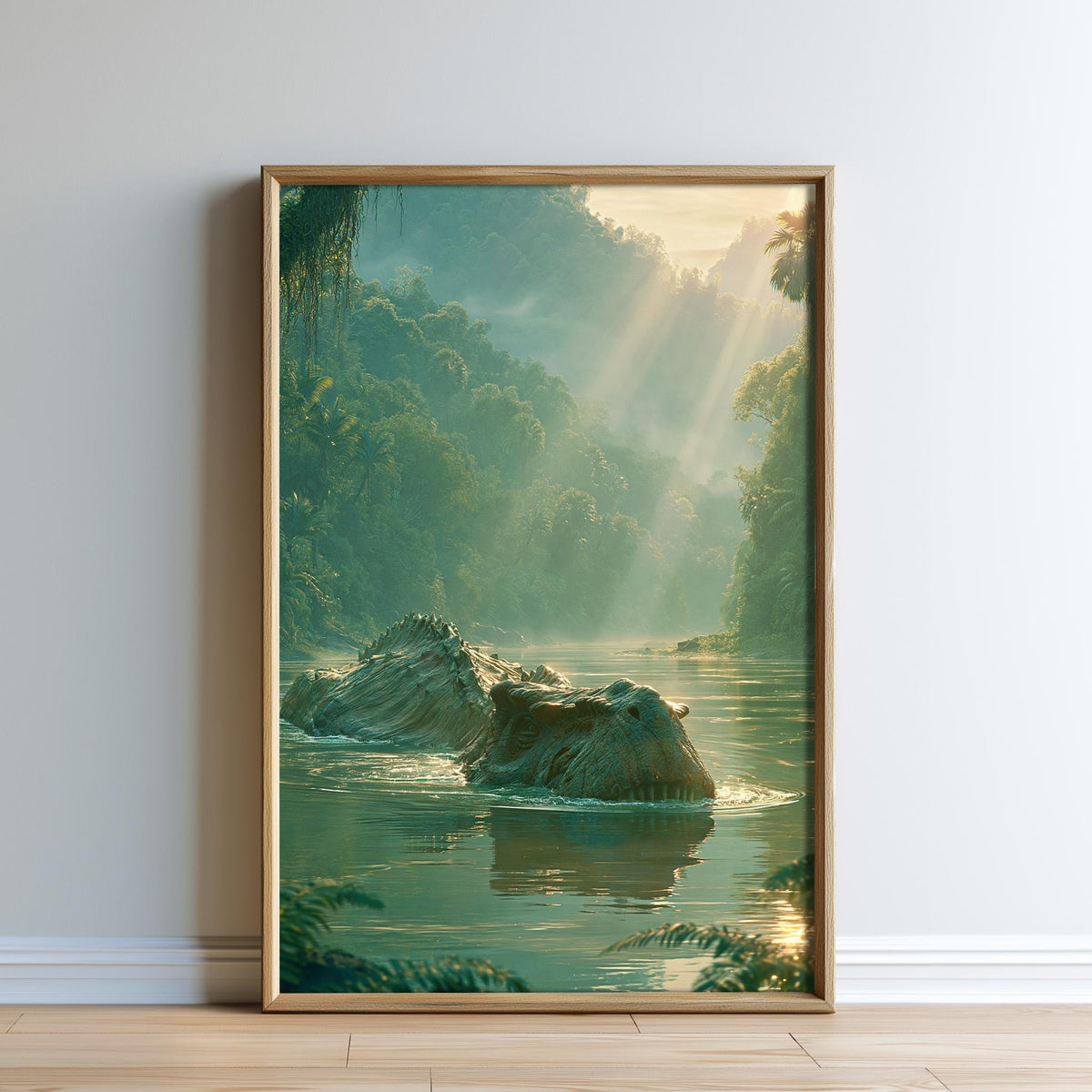 A framed painting depicting a serene landscape with a large rock formation in the foreground, surrounded by lush greenery and sunlight filtering through the trees.