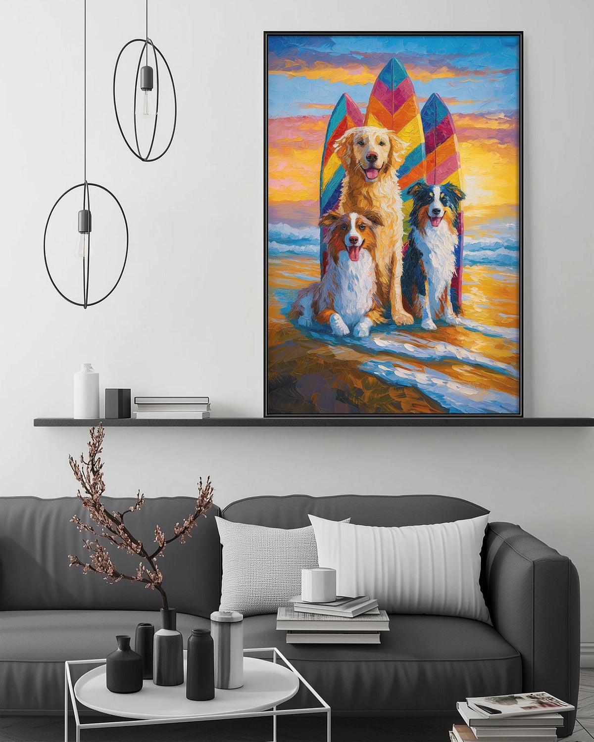 a large painting of three dogs sitting on a beach, with surfboards behind them, creating a vibrant and lively scene.