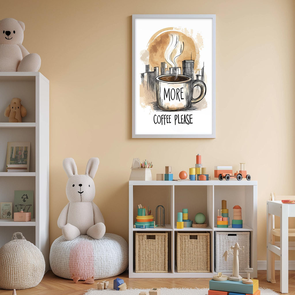 a cozy and well-organized nursery or child's room with a teddy bear, a coffee mug, and various toys and storage containers.