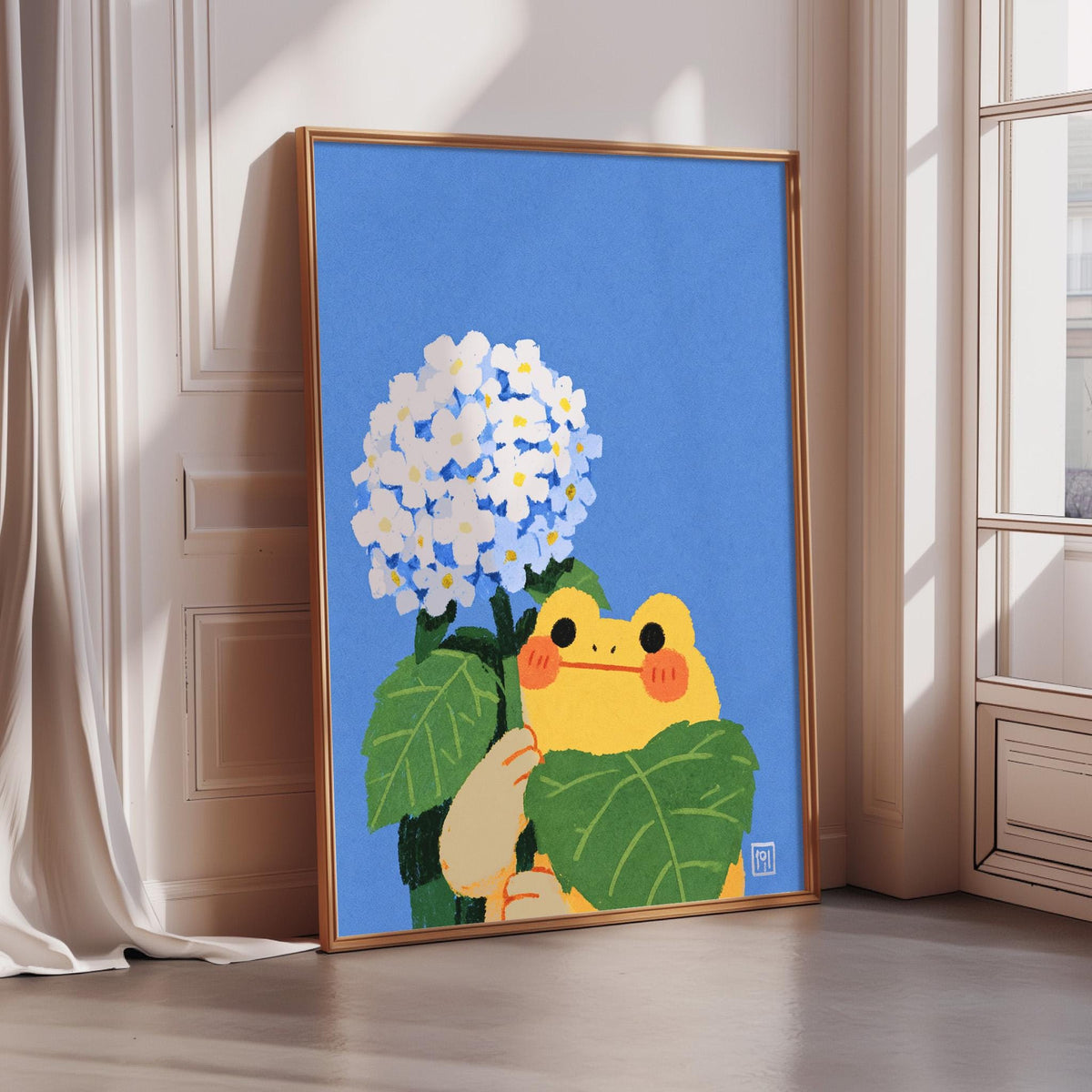 A framed illustration of a frog holding a bunch of white flowers against a blue background.