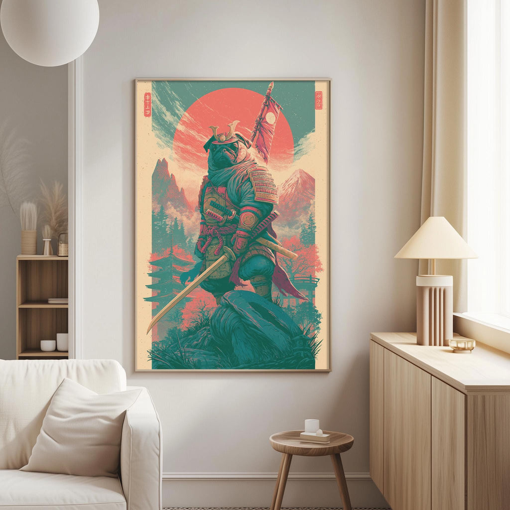a large, colorful poster of a warrior figure holding a sword and shield, set against a backdrop of mountains and a red sun.