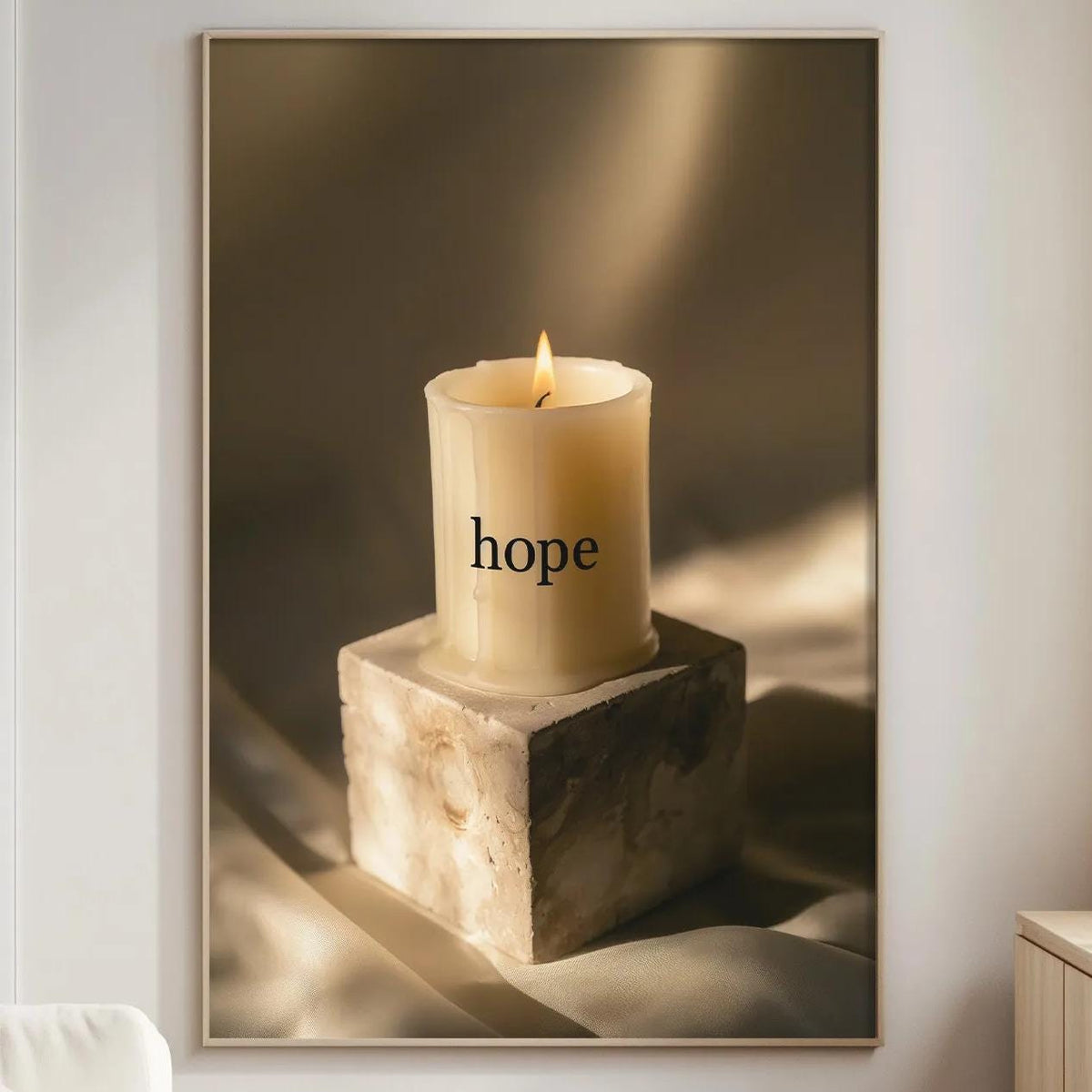 a cozy living room with a white sofa, a wooden side table, and a framed picture of a lit candle on a stone block.