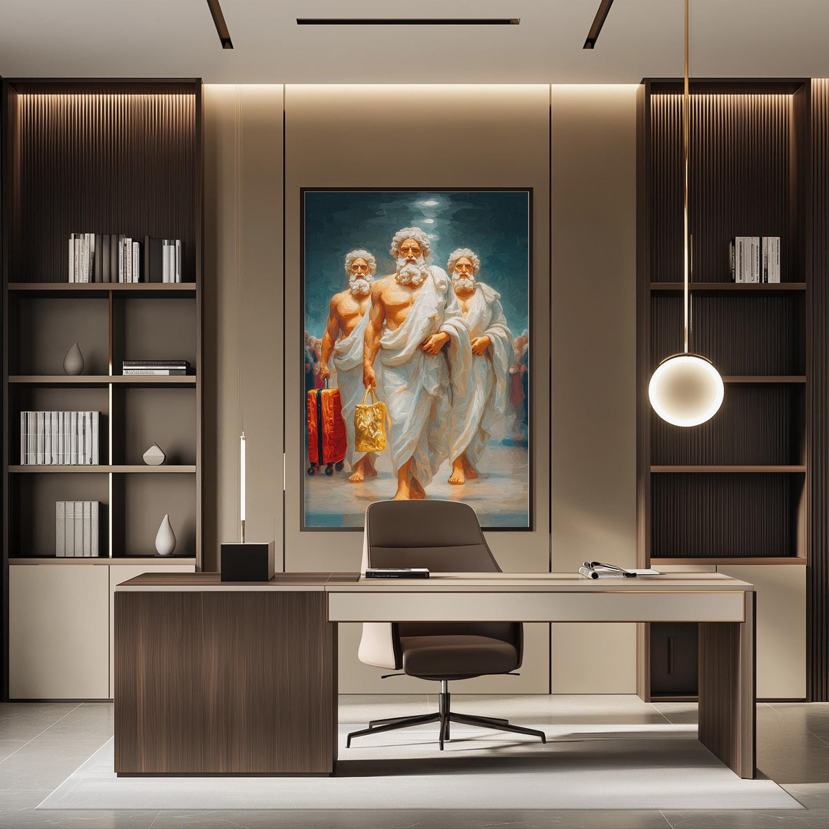 a modern office space with a large painting of three figures in white robes hanging on the wall. The office has a wooden desk, a chair, and a bookshelf filled with books. The overall design and decor create a professional and elegant atmosphere.