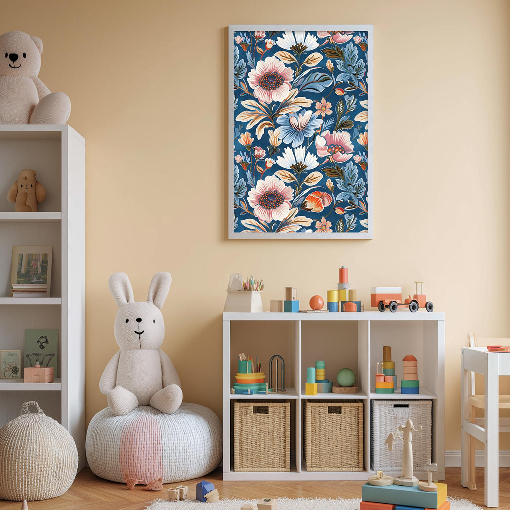 A cozy and colorful children's bedroom with a large floral print on the wall, a white bookshelf filled with toys, and a plush rabbit sitting on a bean bag chair.