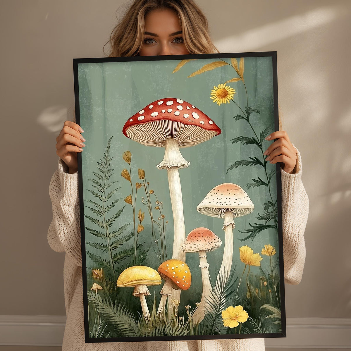 A woman holds up a framed print featuring a vibrant illustration of various mushrooms and plants, including a red mushroom with a white spot, surrounded by yellow flowers and green foliage.