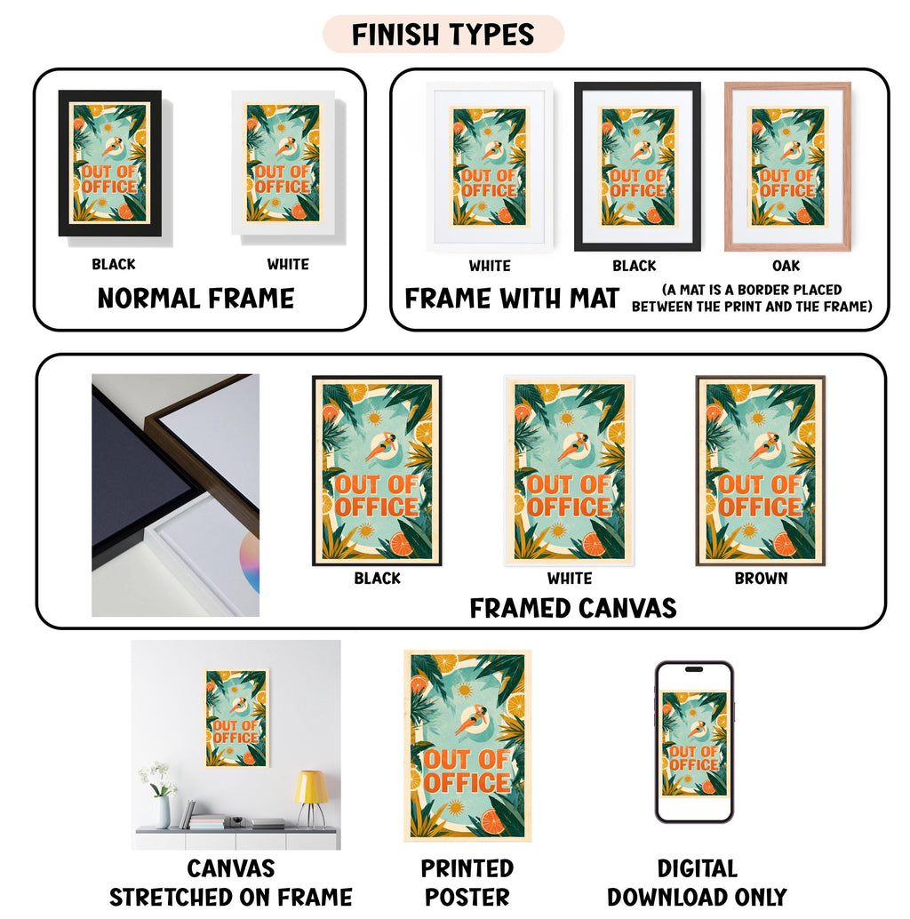 various finish types for a canvas print, including a normal frame, a frame with a mat, a black frame, a white frame, a black frame, a white frame, a black frame, a white framed canvas, a framed canvas, a stretched canvas, a printed poster, and a digital download only.