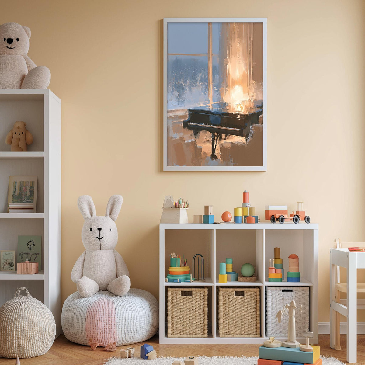 A cozy and colorful children's bedroom with a piano, stuffed animals, and storage bins.
