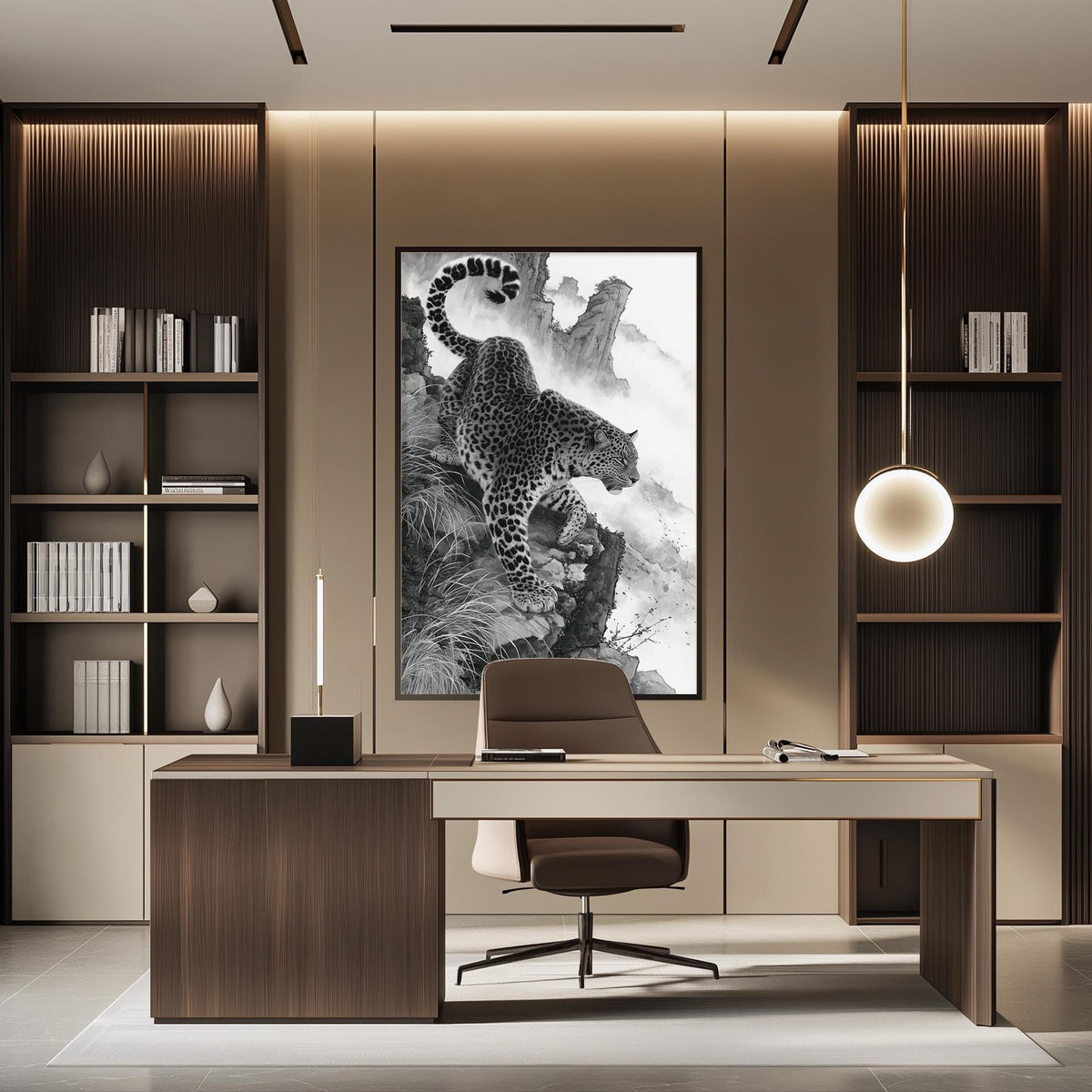 a modern office space with a large black and white photograph of a leopard on the wall, creating a striking focal point in the room.
