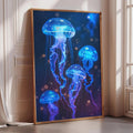 A framed poster depicting a group of glowing blue jellyfish floating in a dark, starry background.