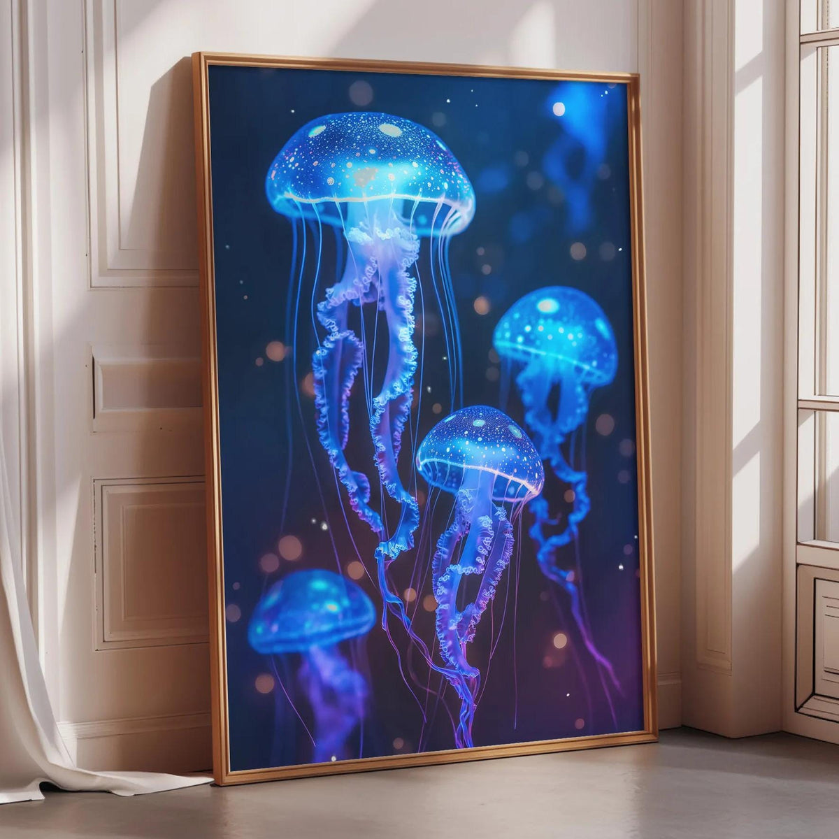 A framed poster depicting a group of glowing blue jellyfish floating in a dark, starry background.